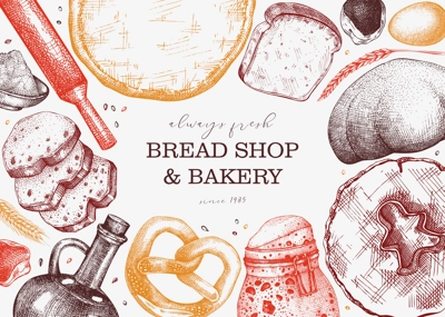 Vintage bakery shop background. Vector frame with baking ingredients, pastries, and bread sketches in color. Hand drawn food illustration for bakery store, cafe menu, banner design. 